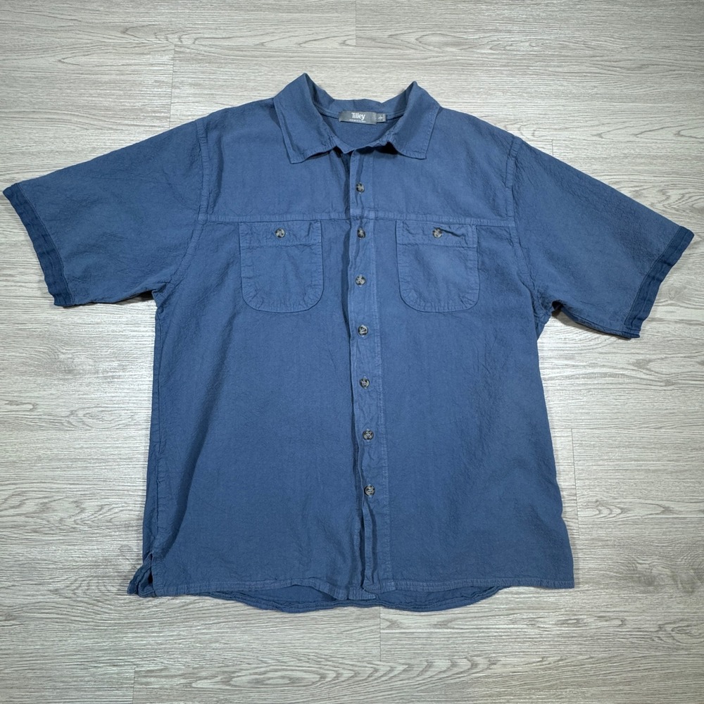 Tilley Men's Short Sleeve Button Down Shirt Blue Large Cotton‎ Made in Canada